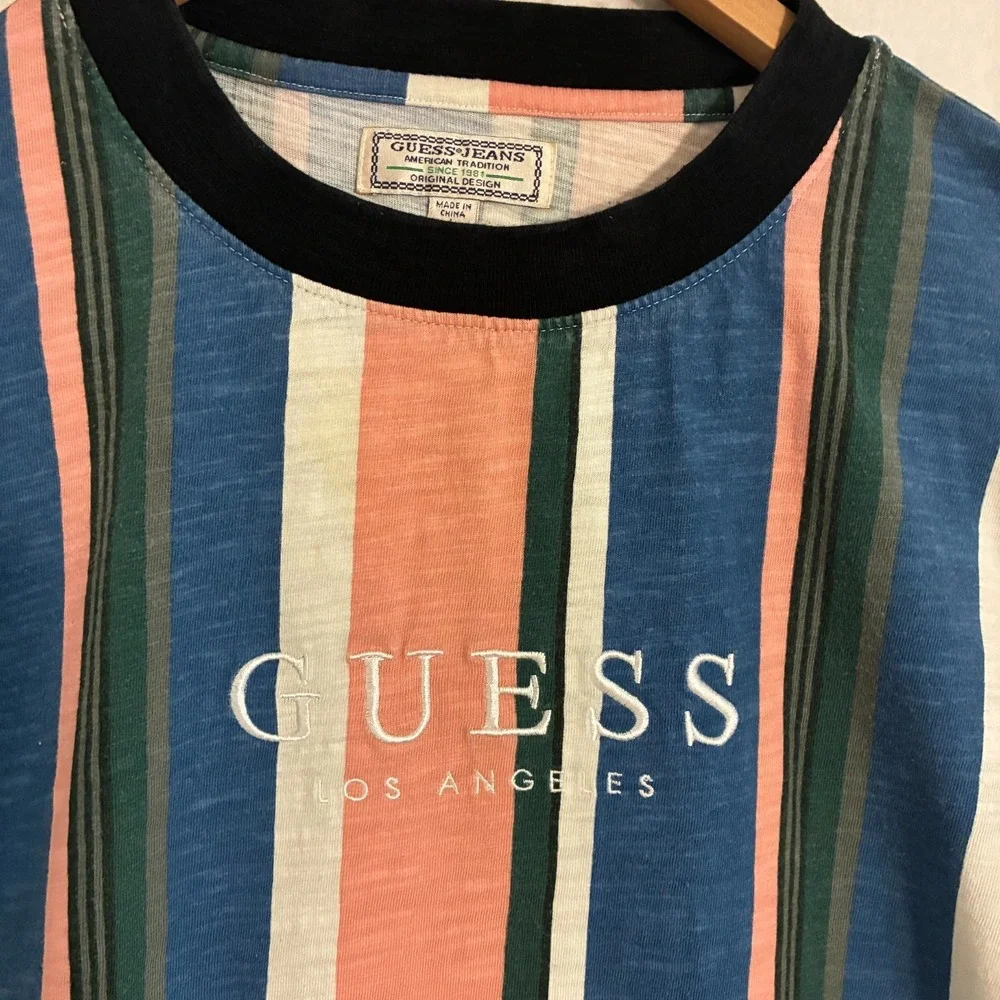 Guess Shirt Mens L Short Sleeve‎ Striped Streetwear Skater Hip Hop Y2K - Picture 3 of 9